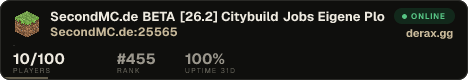 SecondMC.de ✦ BETA [26.2] Citybuild • Jobs • Eigene Plots